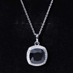 6 Carat Cushion Cut Lab Grown Black Diamond Halo Necklace with Silver Chain