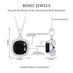 6 Carat Cushion Cut Lab Grown Black Diamond Halo Necklace with Silver Chain