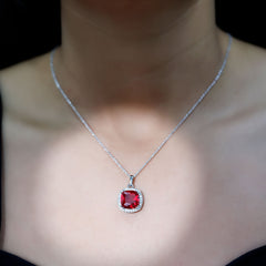 4 Carat Cushion Cut Lab Grown Ruby and Moissanite Halo Pendant Necklace