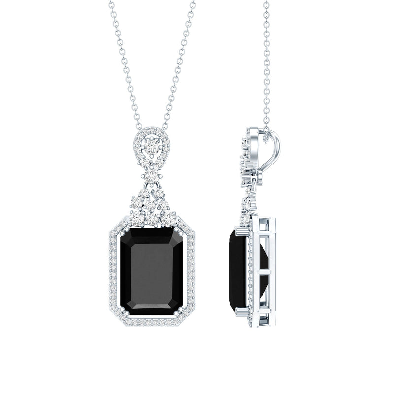 Vintage Style 9 Carat Lab Grown Black Diamond Emerald Cut Necklace With Moissanite Halo