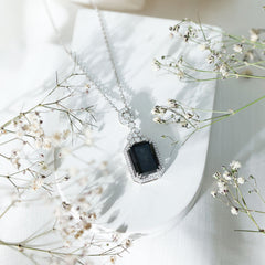 Vintage Style 9 Carat Lab Grown Black Diamond Emerald Cut Necklace With Moissanite Halo