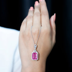 9 Carat Lab Grown Pink Sapphire Art Deco Necklace With Silver Chain
