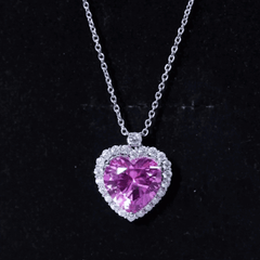 5.5 Carat Lab Grown Pink Sapphire Heart Necklace with Halo