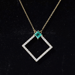 Princess Cut Emerald and Diamond Square Necklace