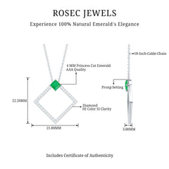 Princess Cut Emerald and Diamond Square Necklace