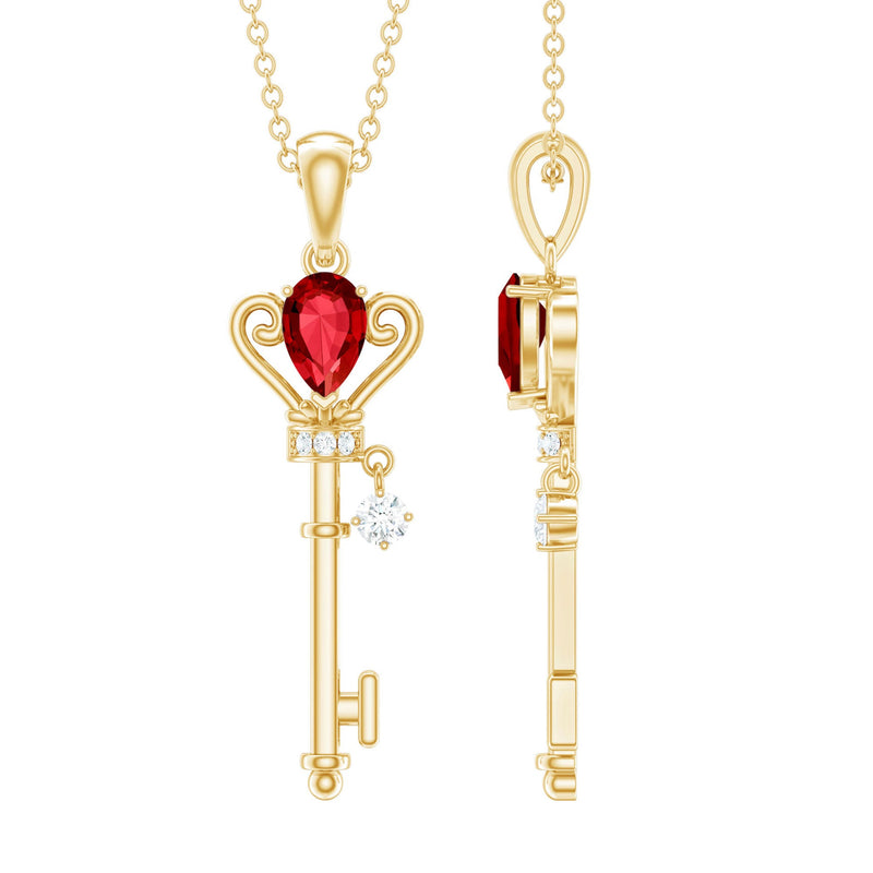 Vintage Inspired Lab Grown Ruby and Diamond Key Pendant Necklace
