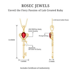 Vintage Inspired Lab Grown Ruby and Diamond Key Pendant Necklace