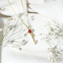 Vintage Inspired Lab Grown Ruby and Diamond Key Pendant Necklace