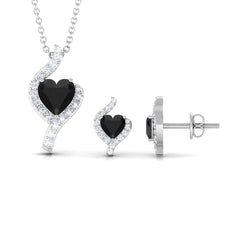 Real Black Onyx Heart Pendant Necklace and Earrings Set with Diamond