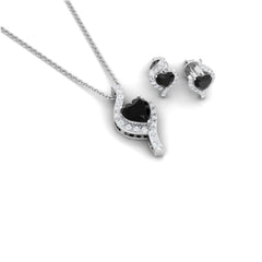 Real Black Onyx Heart Pendant Necklace and Earrings Set with Diamond