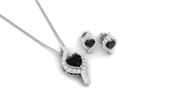 Real Black Onyx Heart Pendant Necklace and Earrings Set with Diamond