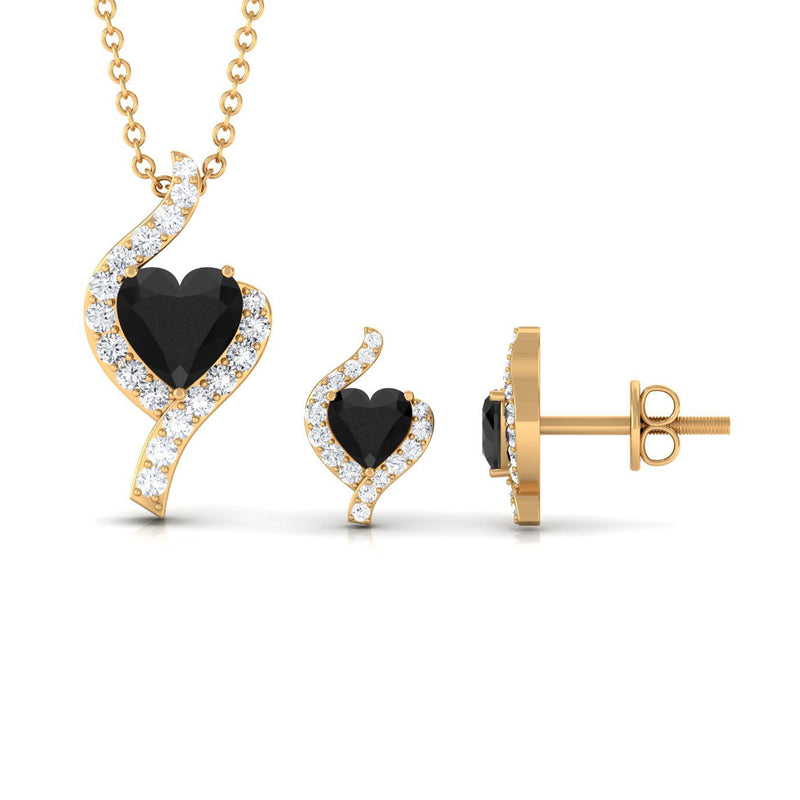 Real Black Onyx Heart Pendant Necklace and Earrings Set with Diamond