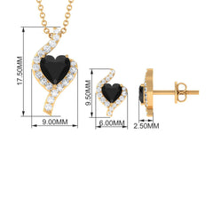 Real Black Onyx Heart Pendant Necklace and Earrings Set with Diamond