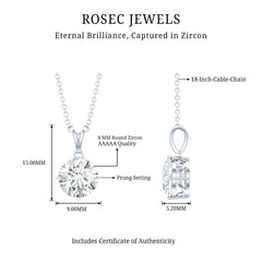 8 MM Round Certified Cubic Zirconia Solitaire Pendant Necklace in Gold