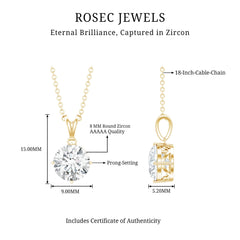 8 MM Round Certified Cubic Zirconia Solitaire Pendant Necklace in Gold