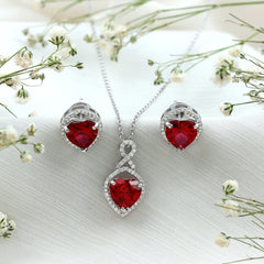 6 Carat Heart Shape Lab Created Ruby Pendant and Earrings Set