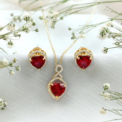 6 Carat Heart Shape Lab Created Ruby Pendant and Earrings Set