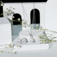 Certified CZ Diamond Teardrop Necklace and Earrings Set for Women
