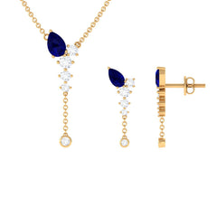 Real Blue Sapphire Diamond Y Necklace and Earrings Set