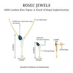 Minimal Dangle Necklace Earrings Set with London Blue Topaz and Diamond