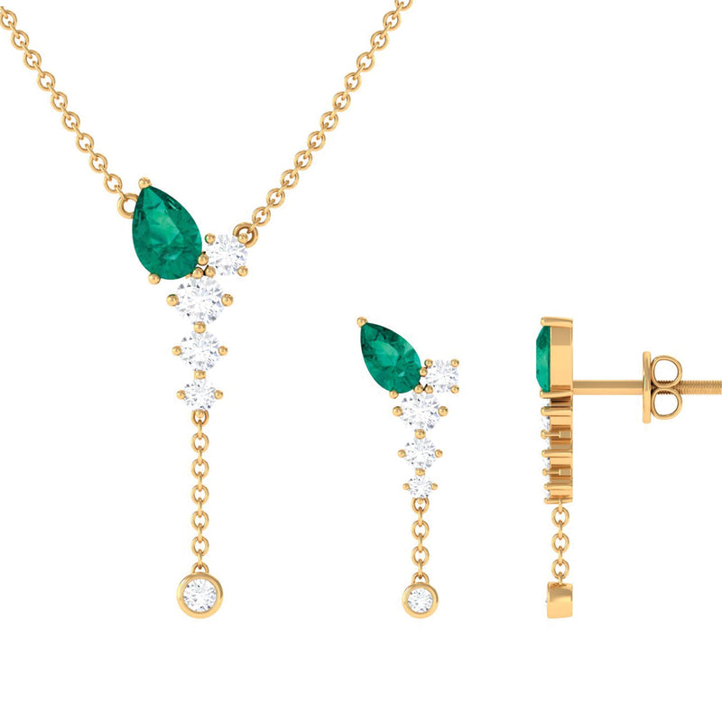 Natural Emerald Y Necklace and Earrings Set with Diamond