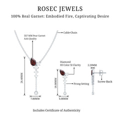 Pear Shape Garnet Dangle Necklace Earrings Set with Diamond