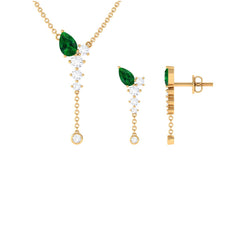 Minimal Created Emerald Dangle Necklace and Earrings Set in Gold with Moissanite