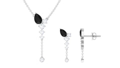 Certified Real Black Onyx Lariat Necklace and Earrings Set with Moissanite