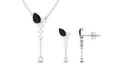 Certified Real Black Onyx Lariat Necklace and Earrings Set with Moissanite