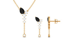Certified Real Black Onyx Lariat Necklace and Earrings Set with Moissanite