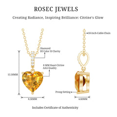 Natural 2 Carat Citrine Heart Pendant Necklace with Diamond