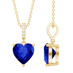 Heart Shape Created Blue Sapphire Solitaire Pendant with Diamond Accent Bail