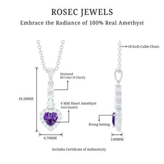 Natural Amethyst Heart Pendant Necklace with Diamond Halo