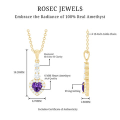 Natural Amethyst Heart Pendant Necklace with Diamond Halo