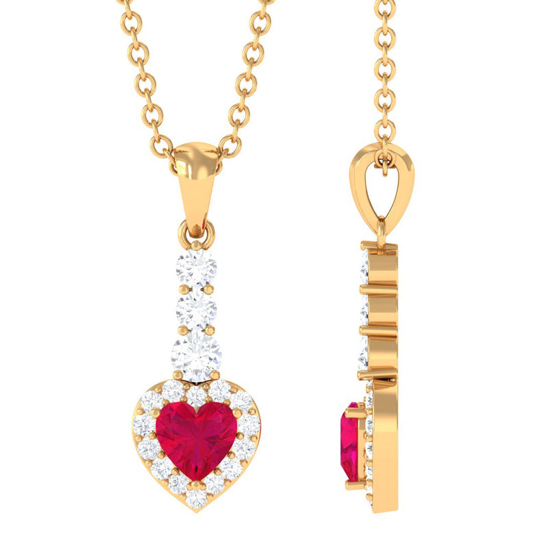 Natural Heart Shape Ruby and Diamond Drop Pendant Necklace