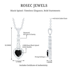 Natural Black Spinel Heart Pendant Necklace with Diamond Halo