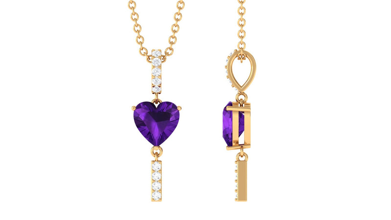 Real 1 Carat Heart Shape Amethyst Drop Necklace with Diamond