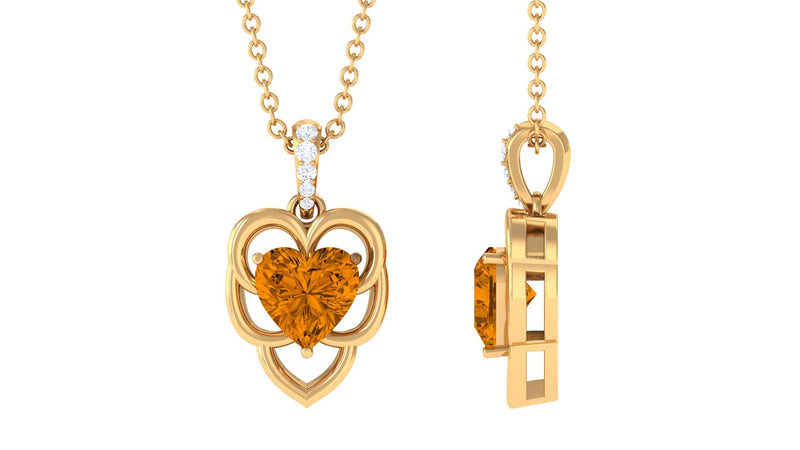 Natural 2 Carat Heart Shaped Citrine Pendant Necklace with Diamond