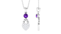 Natural Amethyst Diamond Heart Drop Pendant Necklace with Chain
