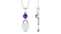 Natural Amethyst Diamond Heart Drop Pendant Necklace with Chain