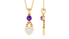 Natural Amethyst Diamond Heart Drop Pendant Necklace with Chain