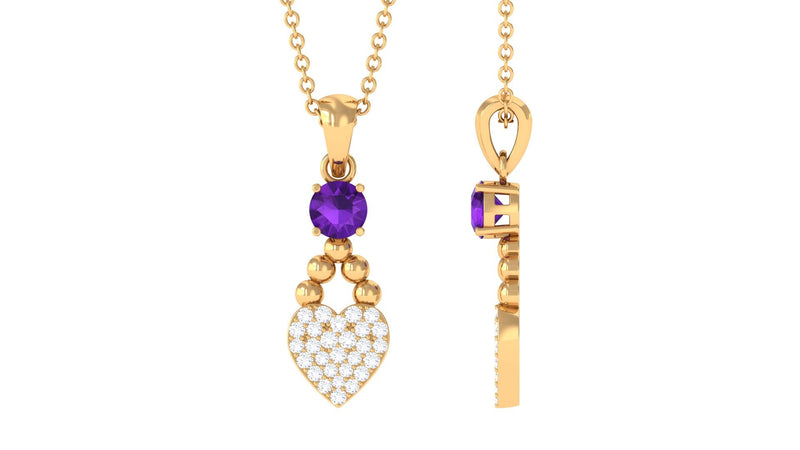 Natural Amethyst Diamond Heart Drop Pendant Necklace with Chain