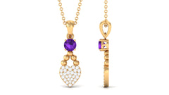 Natural Amethyst Diamond Heart Drop Pendant Necklace with Chain