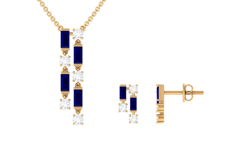 Natural Baguette Blue Sapphire Diamond Necklace and Earrings Set