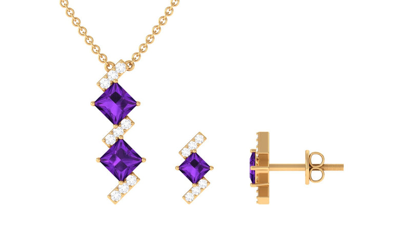 Natural Princess Cut Amethyst Diamond Jewelry Set for Women
