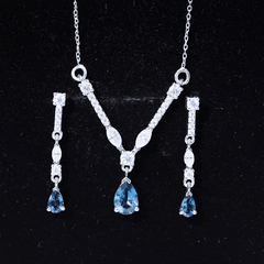 Pear Shape London Blue Topaz and Moissanite Wedding Necklace Earrings Set