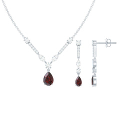 Garnet Drop & Dangle Necklace and Earrings Set with Moissanite