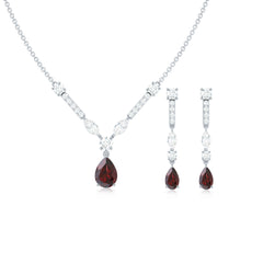 Garnet Drop & Dangle Necklace and Earrings Set with Moissanite