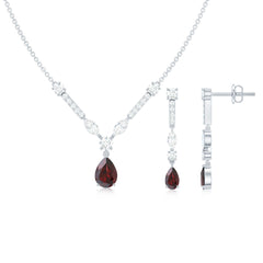 Garnet Drop & Dangle Necklace and Earrings Set with Moissanite