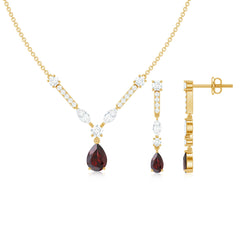 Garnet Drop & Dangle Necklace and Earrings Set with Moissanite